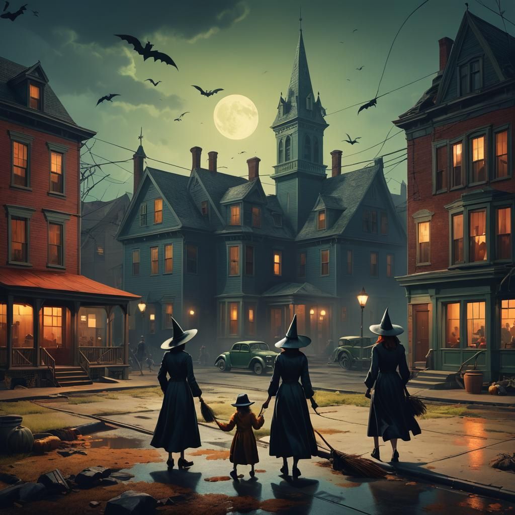 Surreal Witches in Cityscape: Hopper-esque Fantasy Art