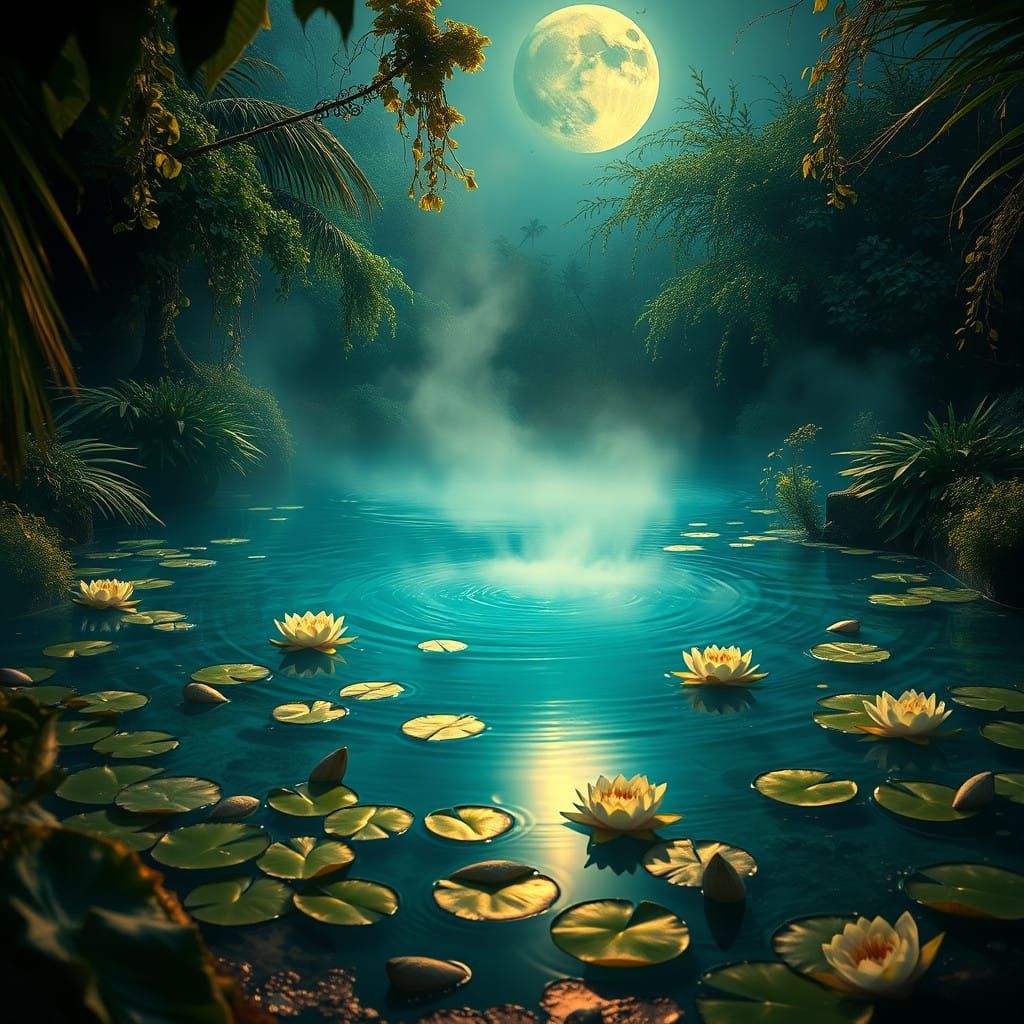 Luminous Moonlit Oasis in Whimsical Realism Style