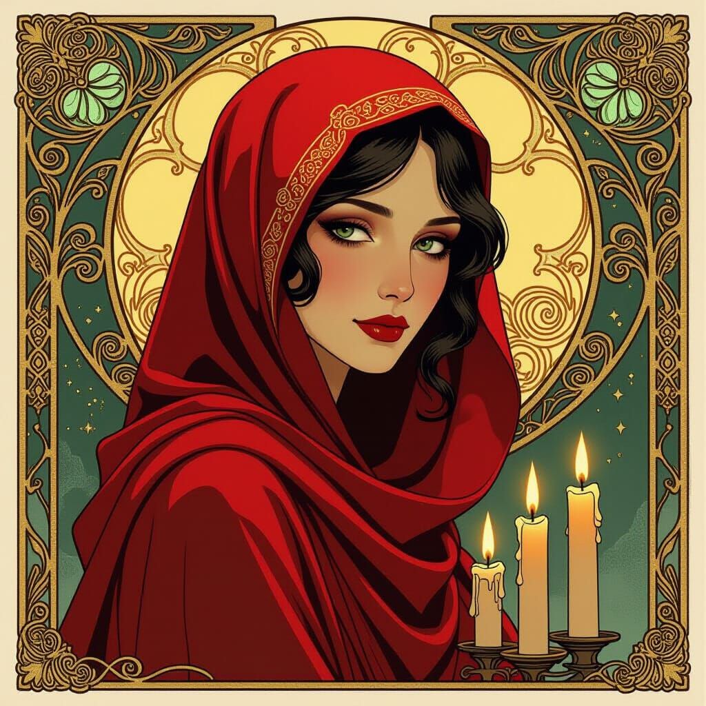 Mysterious Woman in Crimson Headscarf, Lost in Candlelight