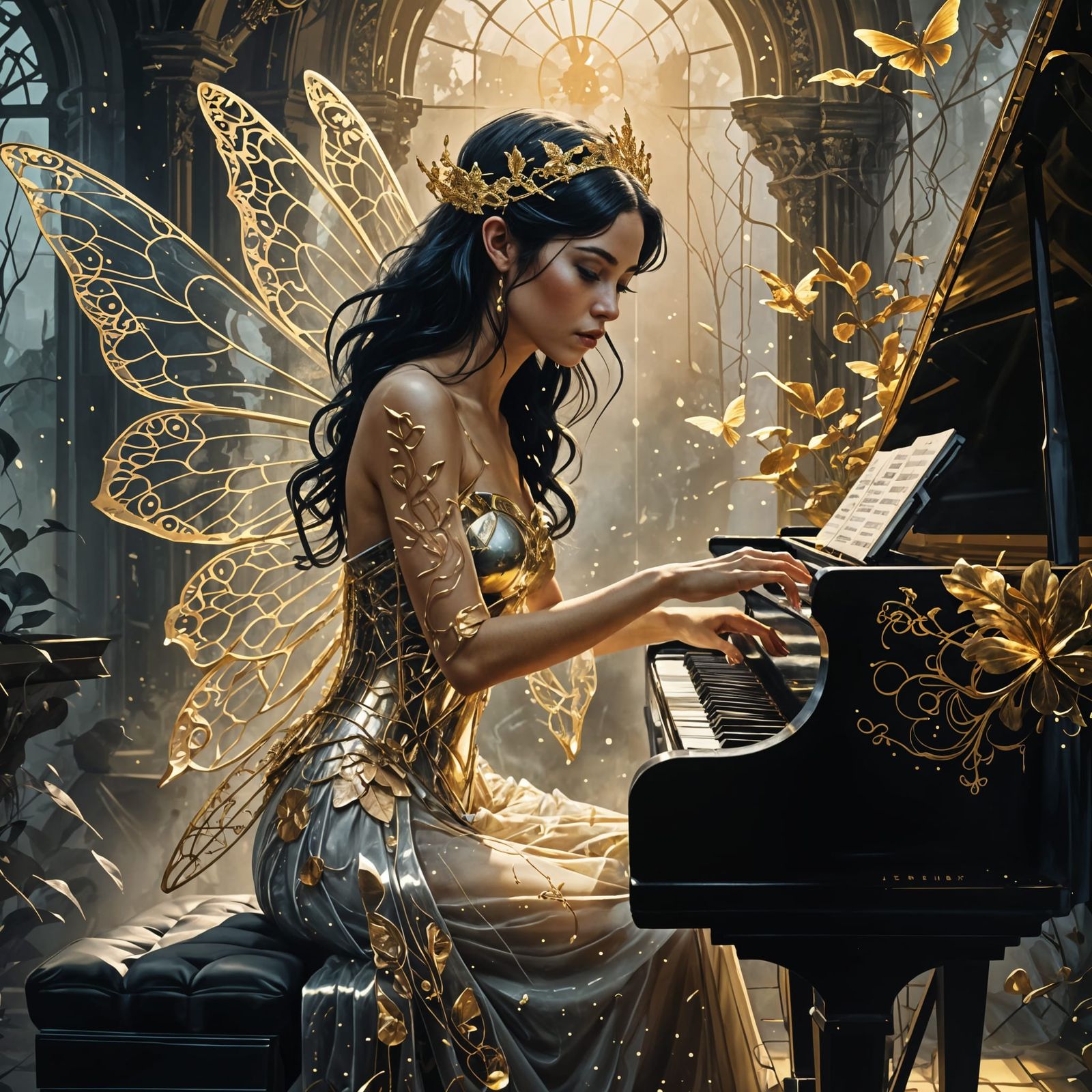 Noir Fairy Plays Piano: Double Exposure Digital Art