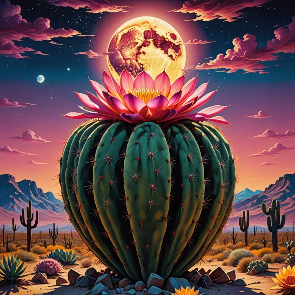 Epic Desert Bloom Under Vibrant Moonlight
