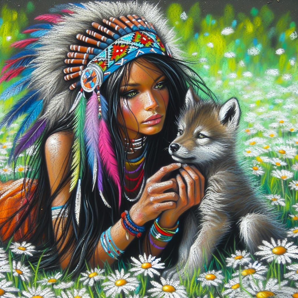 Native American Woman with Wolf Cub in Acrylic Art