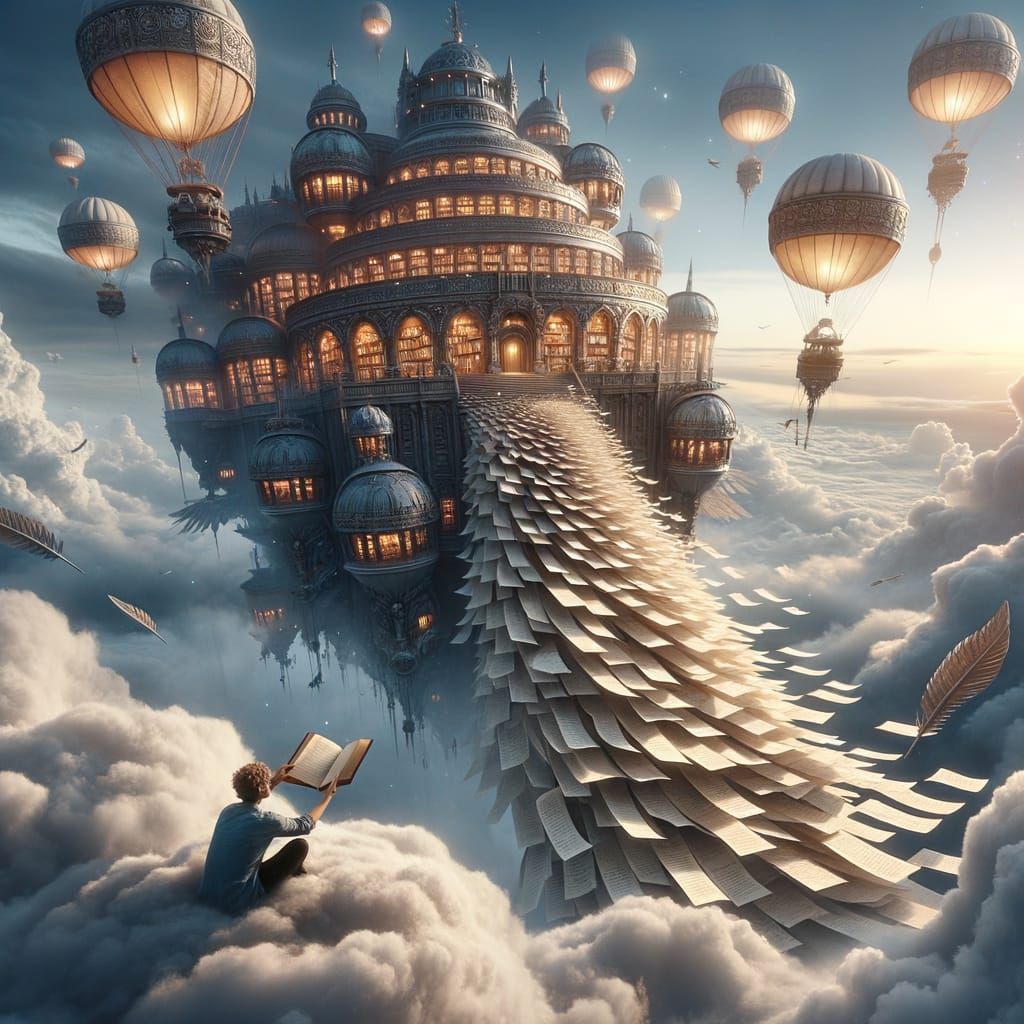Airborne Library with Flying Books and Ethereal Light