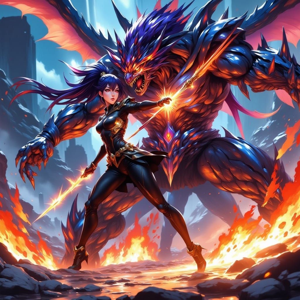 Anime Hero Punches Giant Monster with Energy Effects