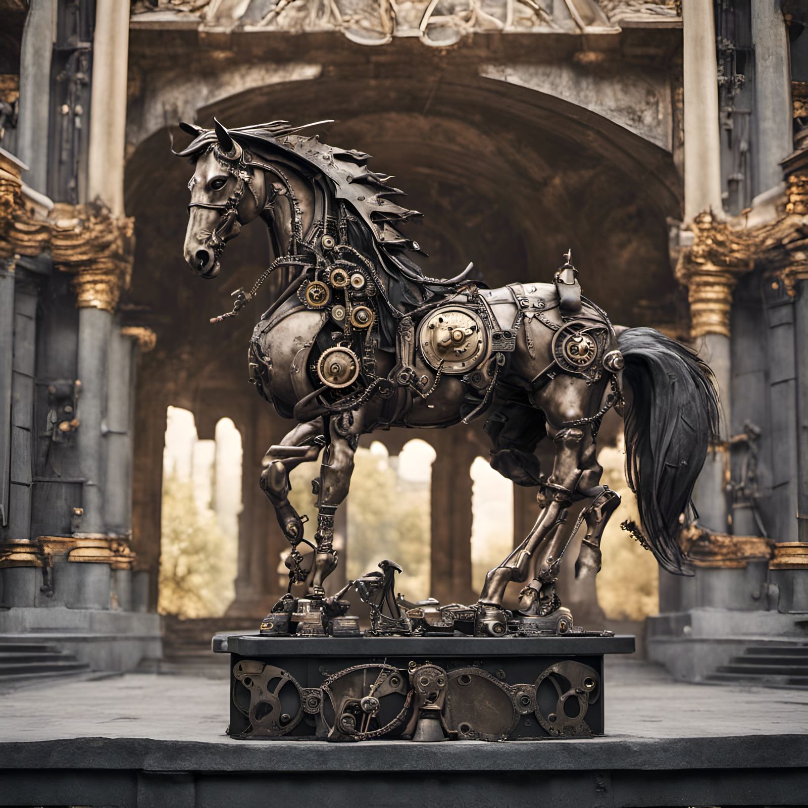 Bronze Steampunk Horse on Obsidian Pedestal