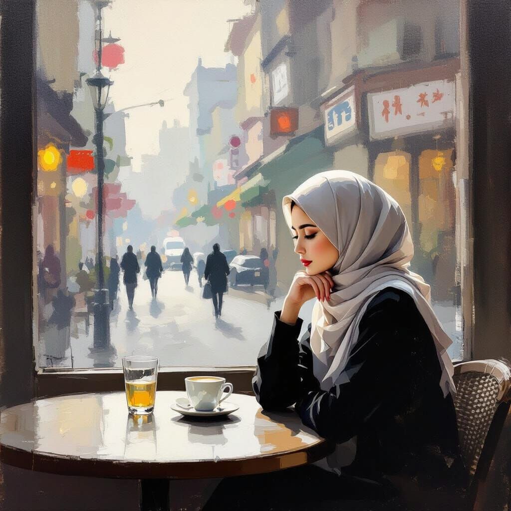 Serene Minimalist Oil Painting of a Hijabi Woman at a Cafe