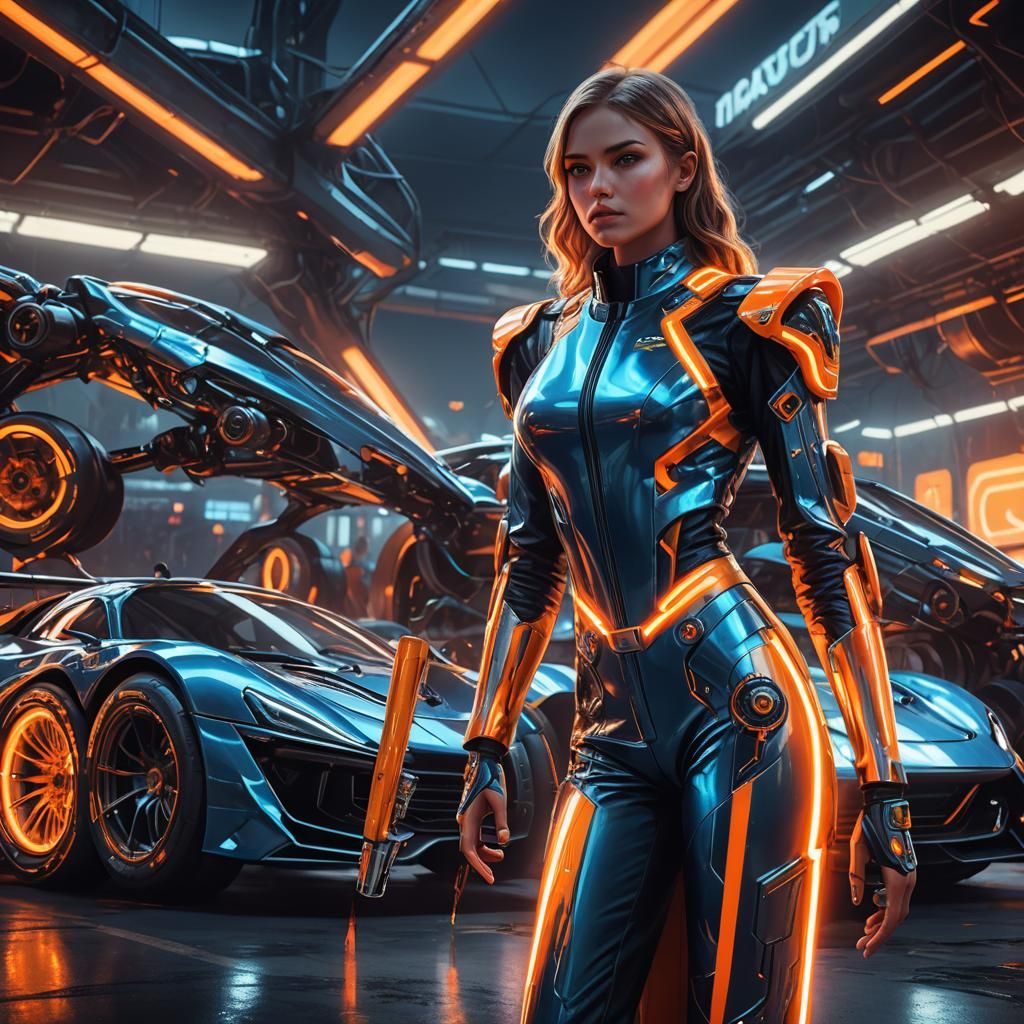 Futuristic Racer in Neon Pit Stop: Cinematic Concept Art