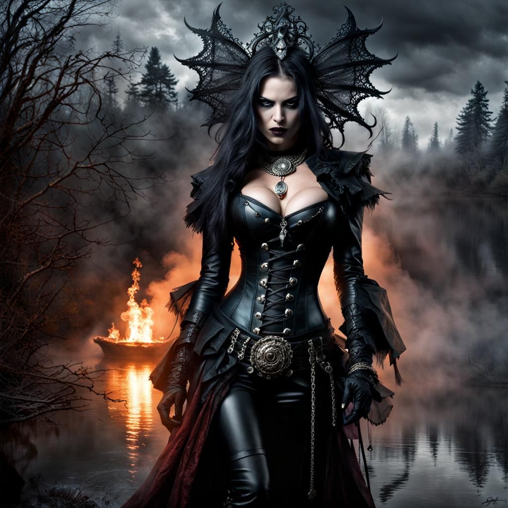 Gothic Death Enchantress Emerges from Misty Lake