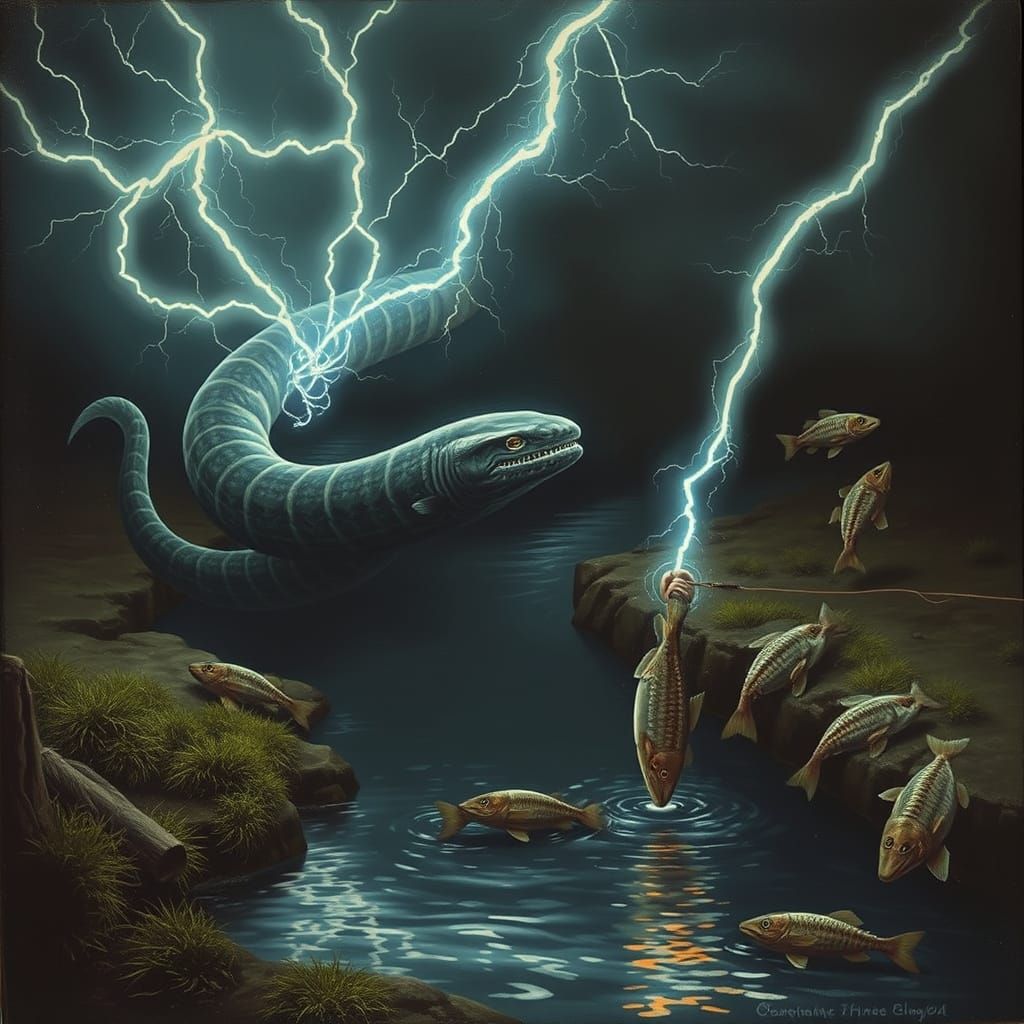 Electric Eel's Shocking Catch in Surreal River