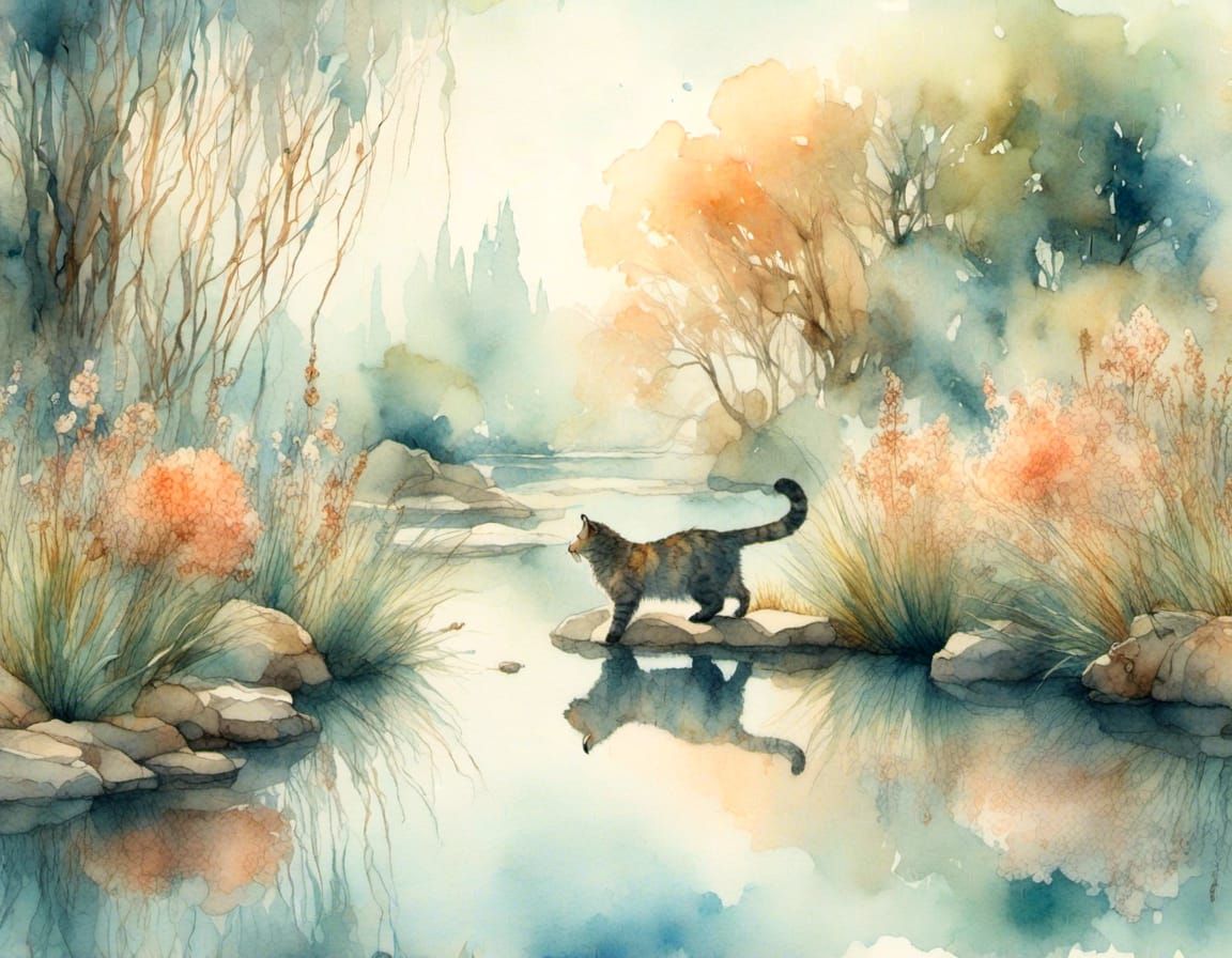 A cat staring at a koi fish in a koi pond.