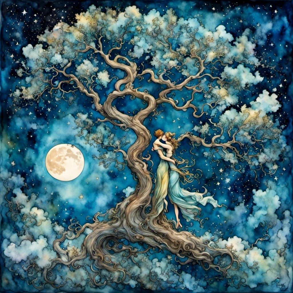 Embracing Oak Trees Under a Starry Sky