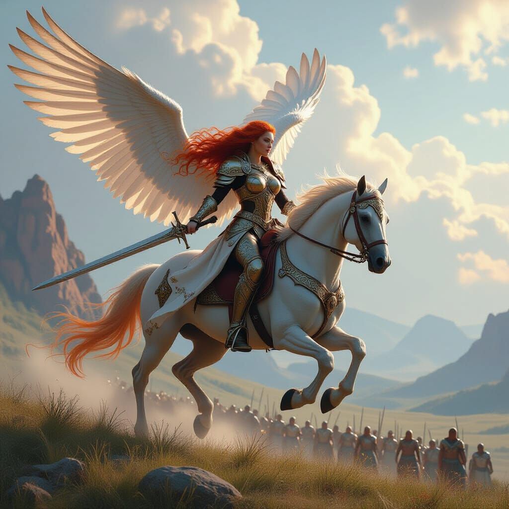 Valkyrie on Winged Horse Above Battlefield