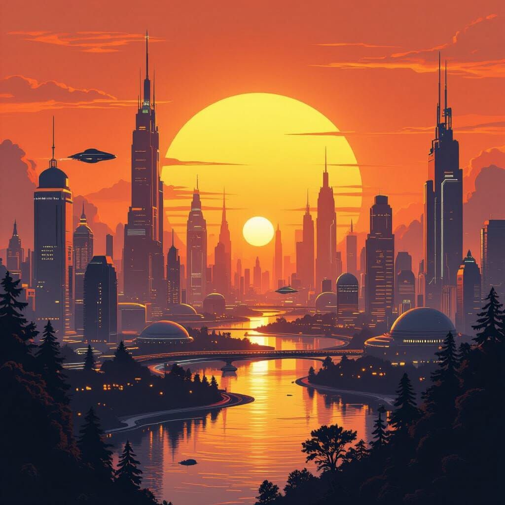 Retro Futurism Utopian Cityscape at Sunrise
