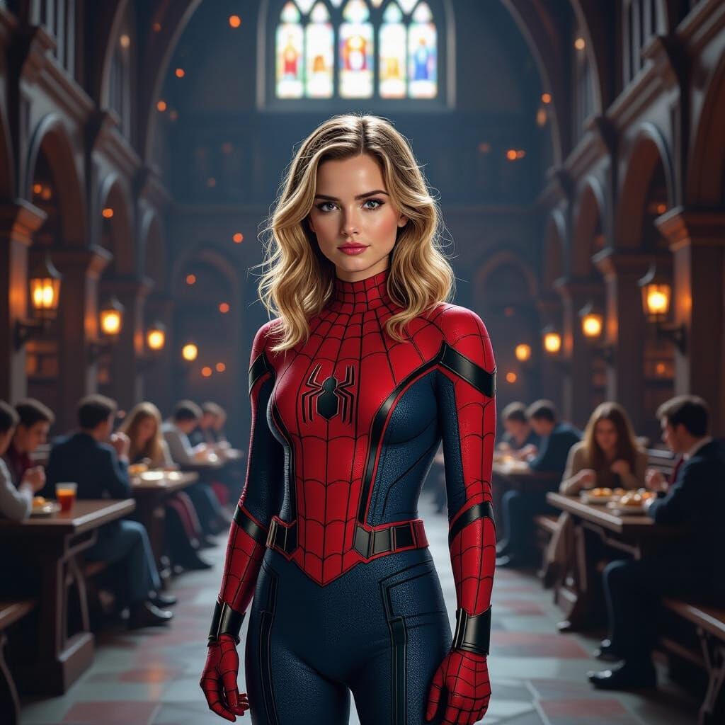 Emma Watson as Spider-Man in Hogwarts Great Hall