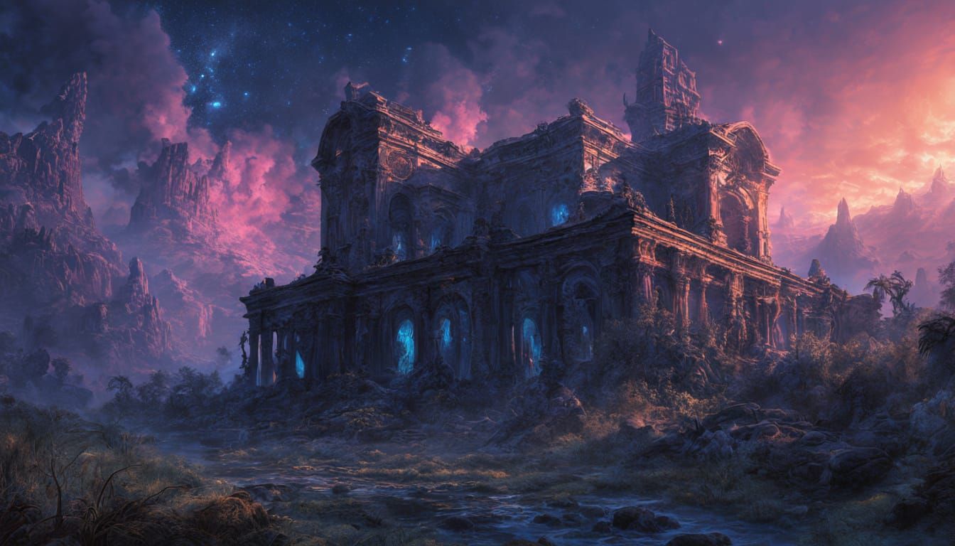 Ancient Floating Ruin in Deep Space with Bioluminescent Flor...