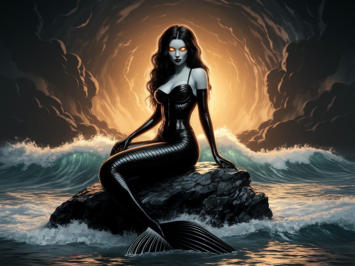 evil latex mermaid sitting on the rock on the sea