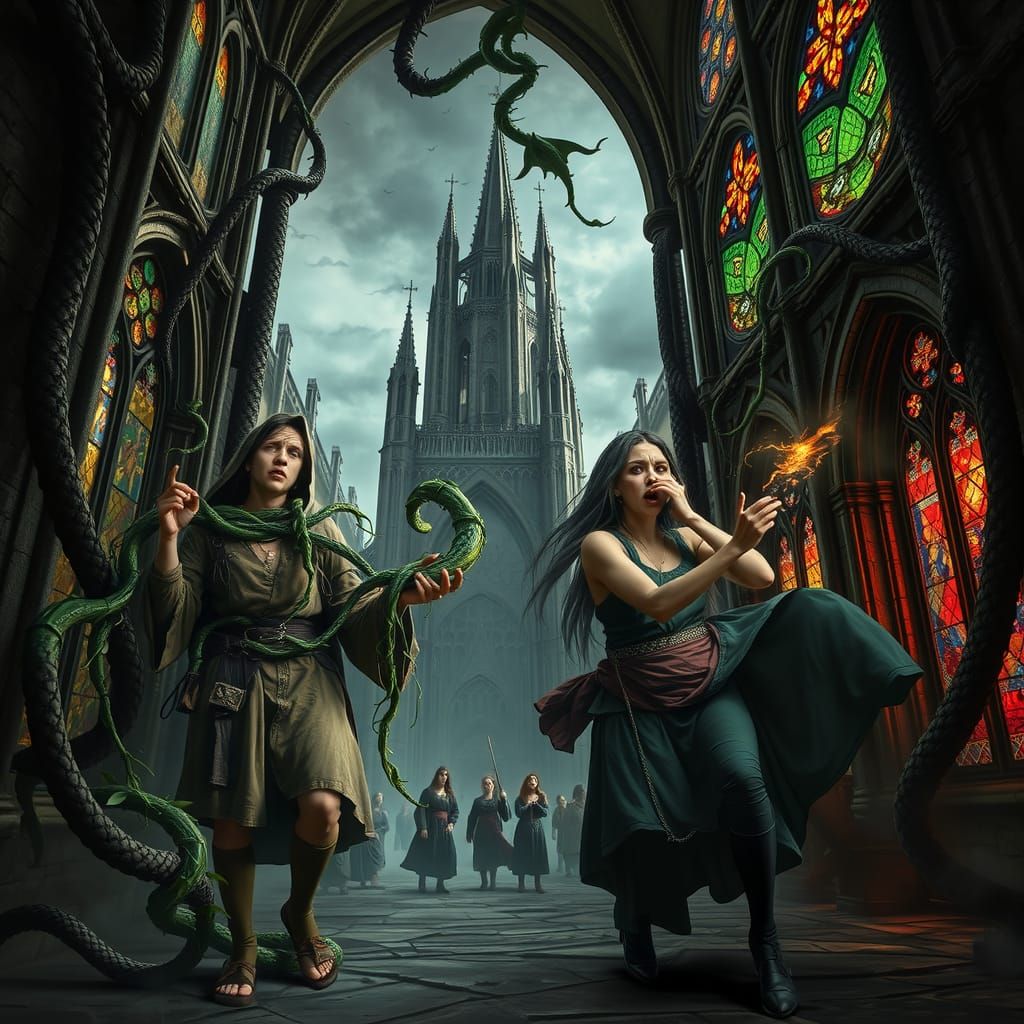 Gothic Cathedral: Figures Ensnared by Ancient Vines