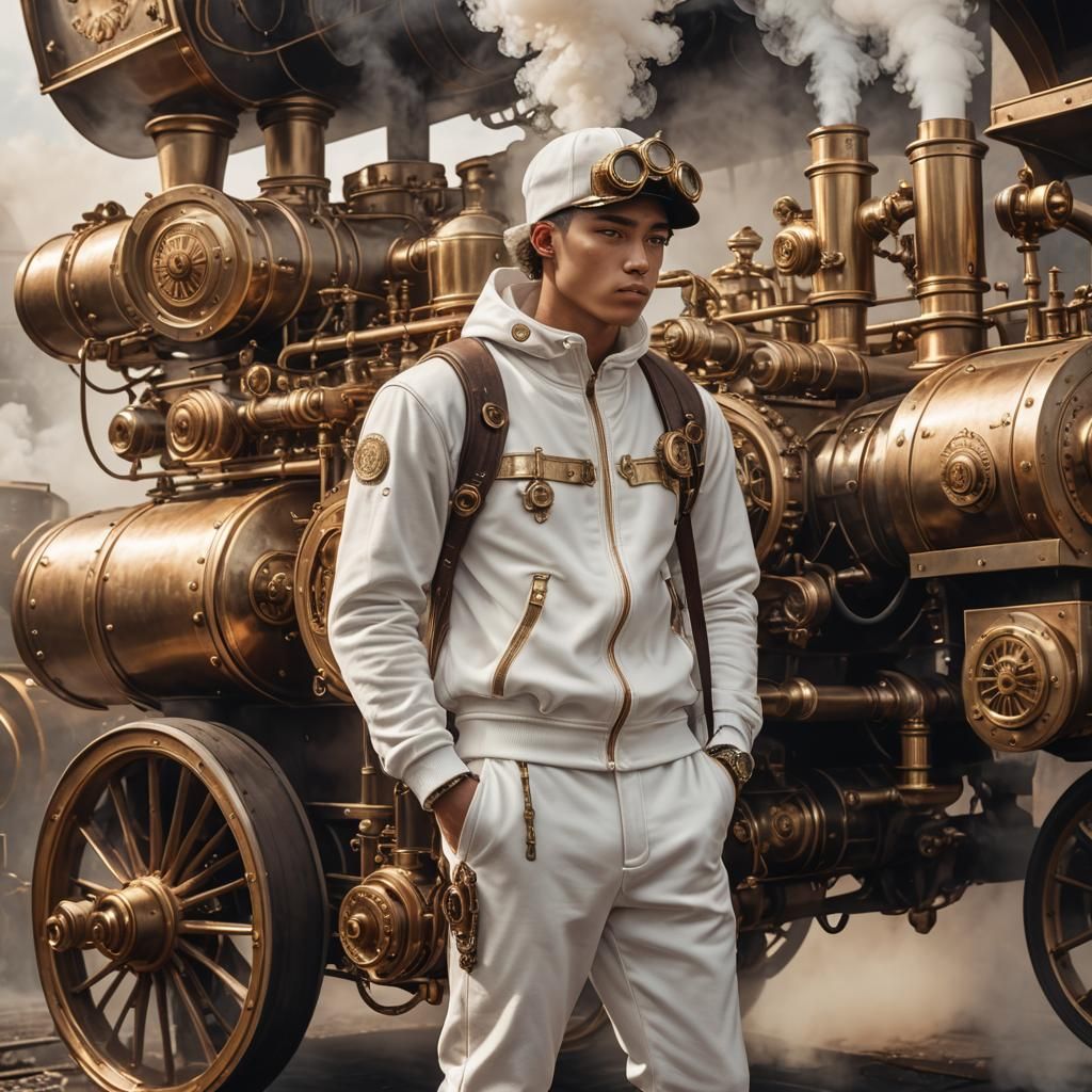 Steampunk Man in White Tracksuit with Vehicle