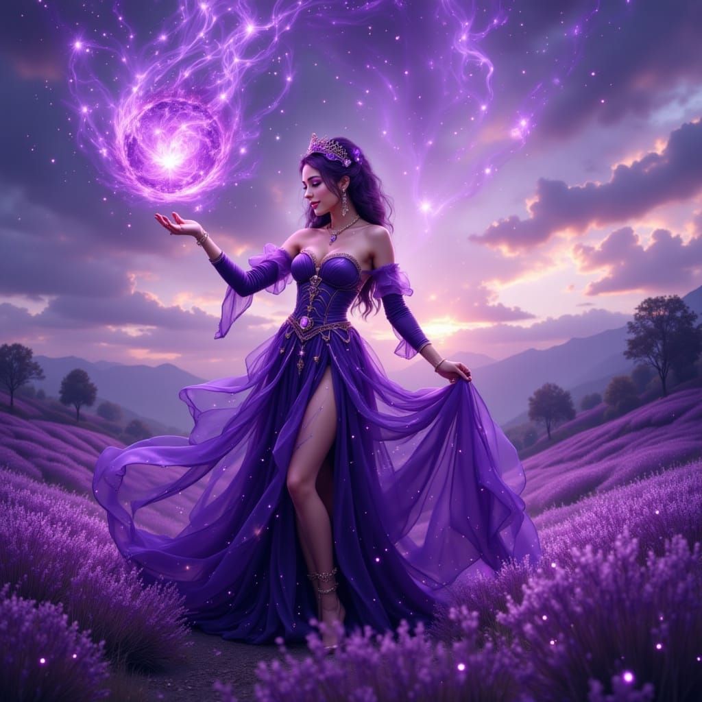 Enchantress Casting Spell in Purple Aurora Landscape