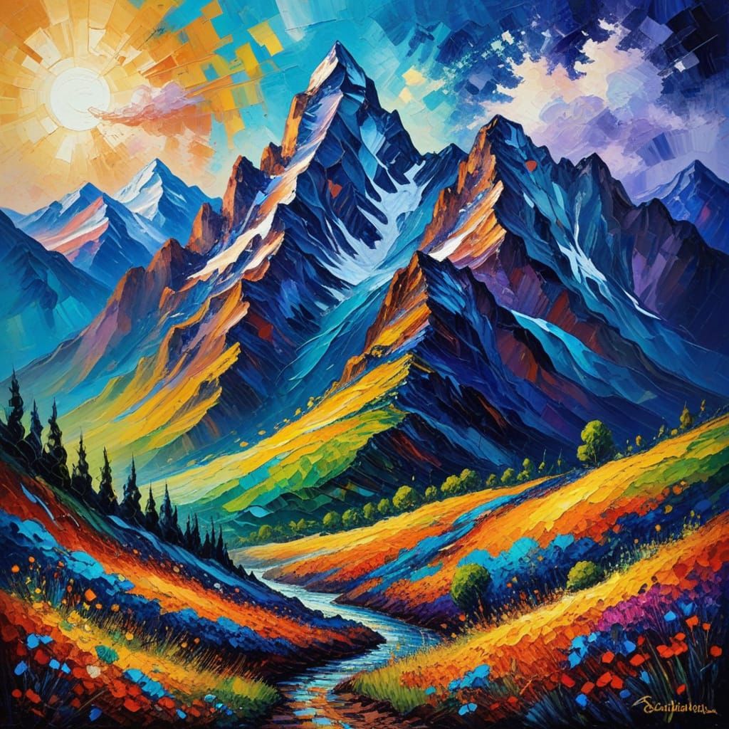 Magical Mountains in Neo-Impressionist Oil Painting Style