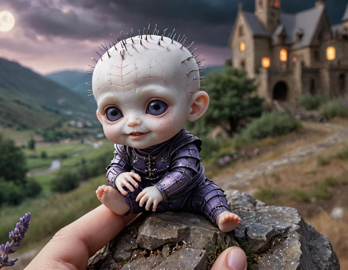Hyper-Realistic Chibi Hellraiser Baby on Fingertip