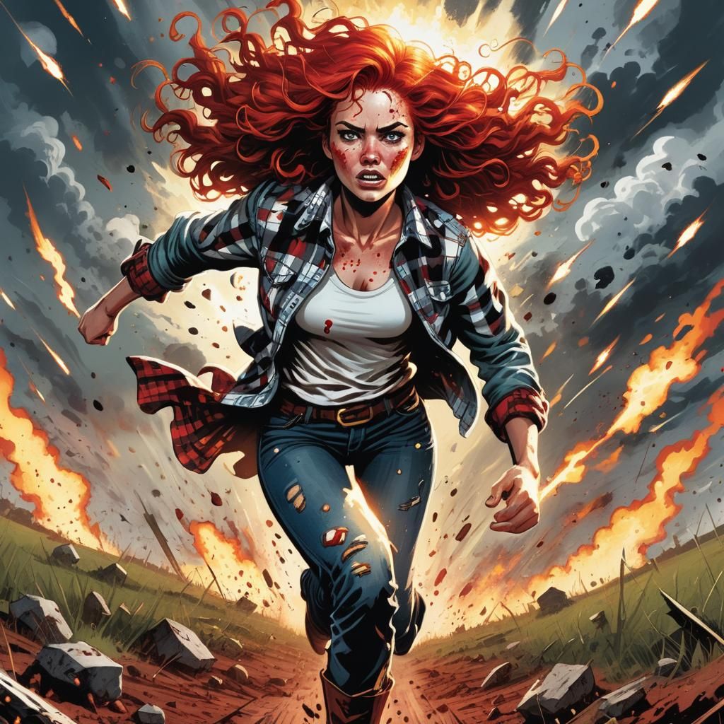 Woman Escaping Explosions: Comic Book Art