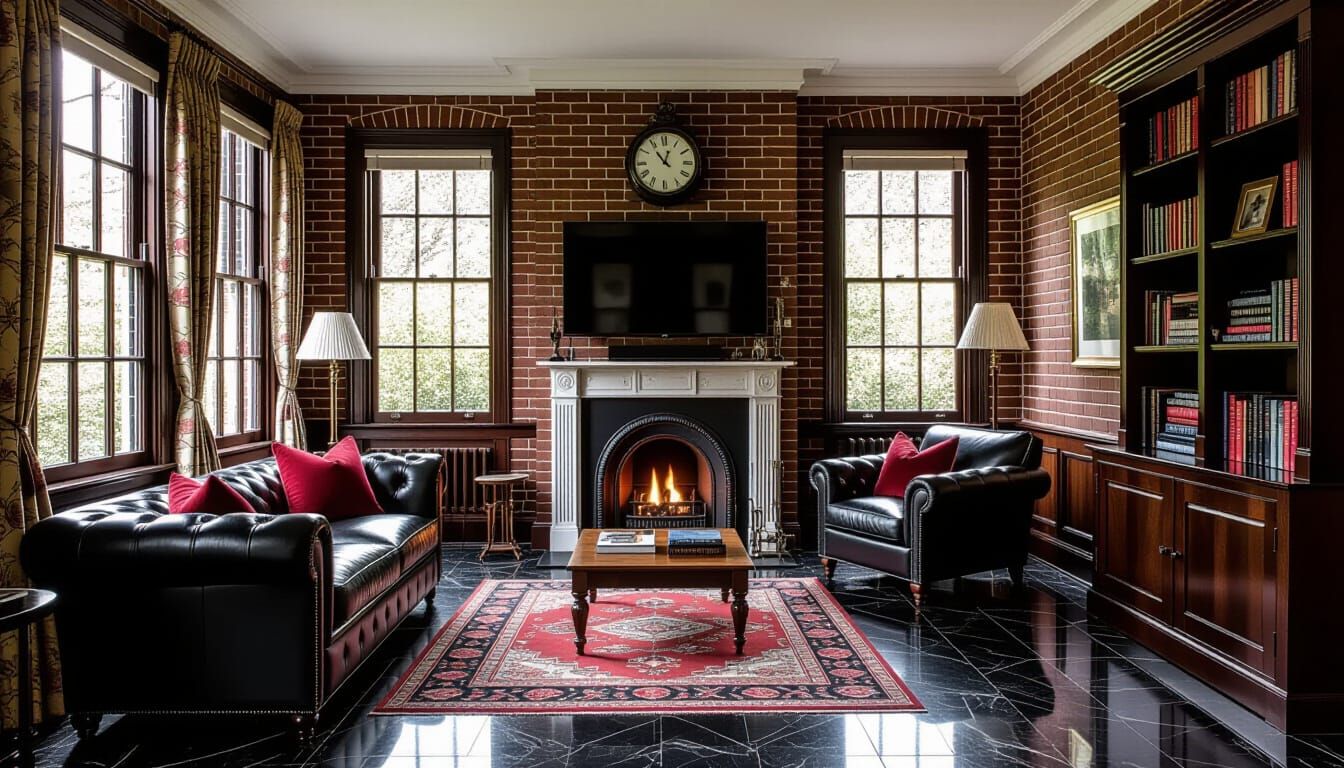 Victorian Living Room with Brick Wallpaper and Fireplace
