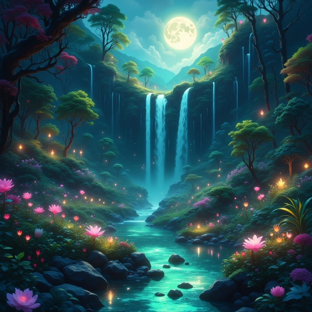 Mystical Waterfall with Bioluminescent Lighting