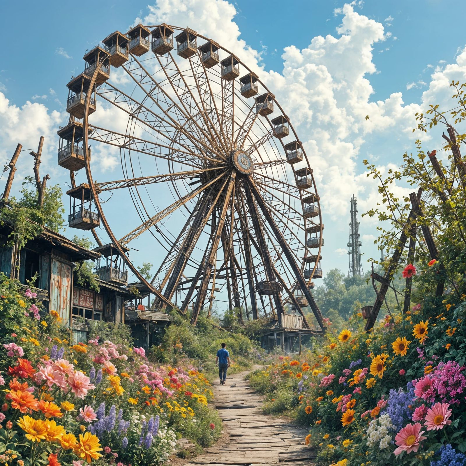 Abandoned Ferris Wheel in Vibrant Spring Bloom