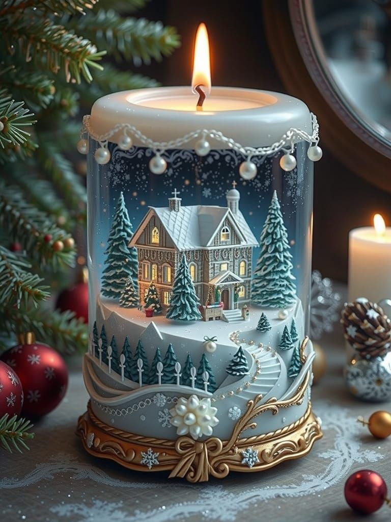 Ornate Christmas Candle in Surrealist Pastel Style