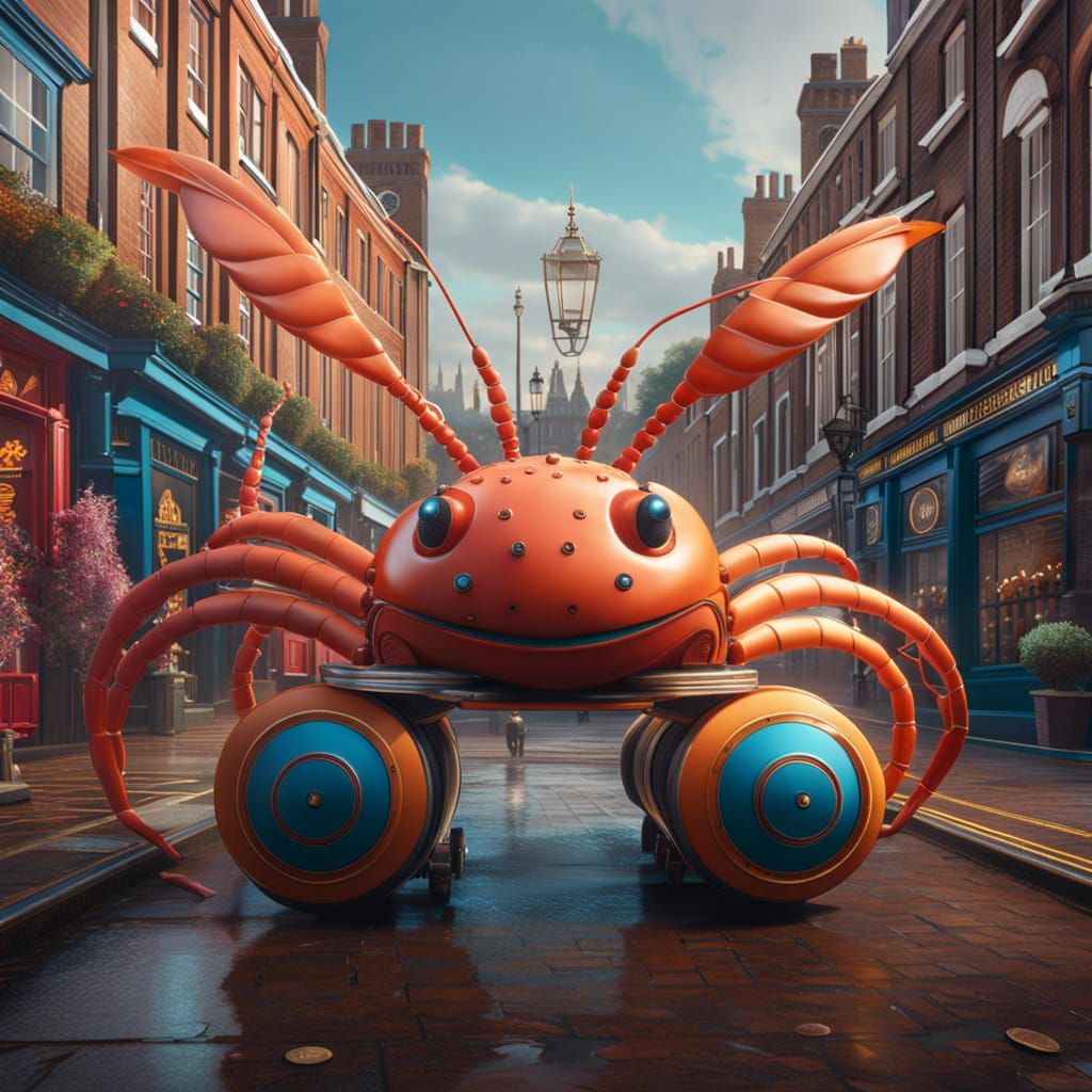 Giant Shrimp Roller Skating in London, Detailed Painting