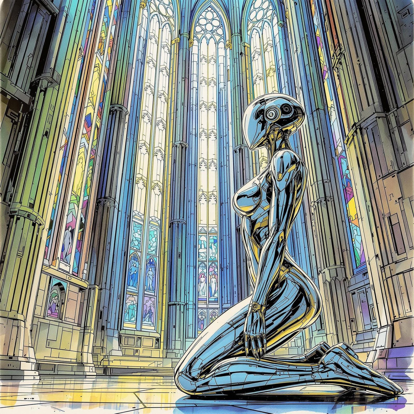 Stunning Female Android in Futuristic Cathedral