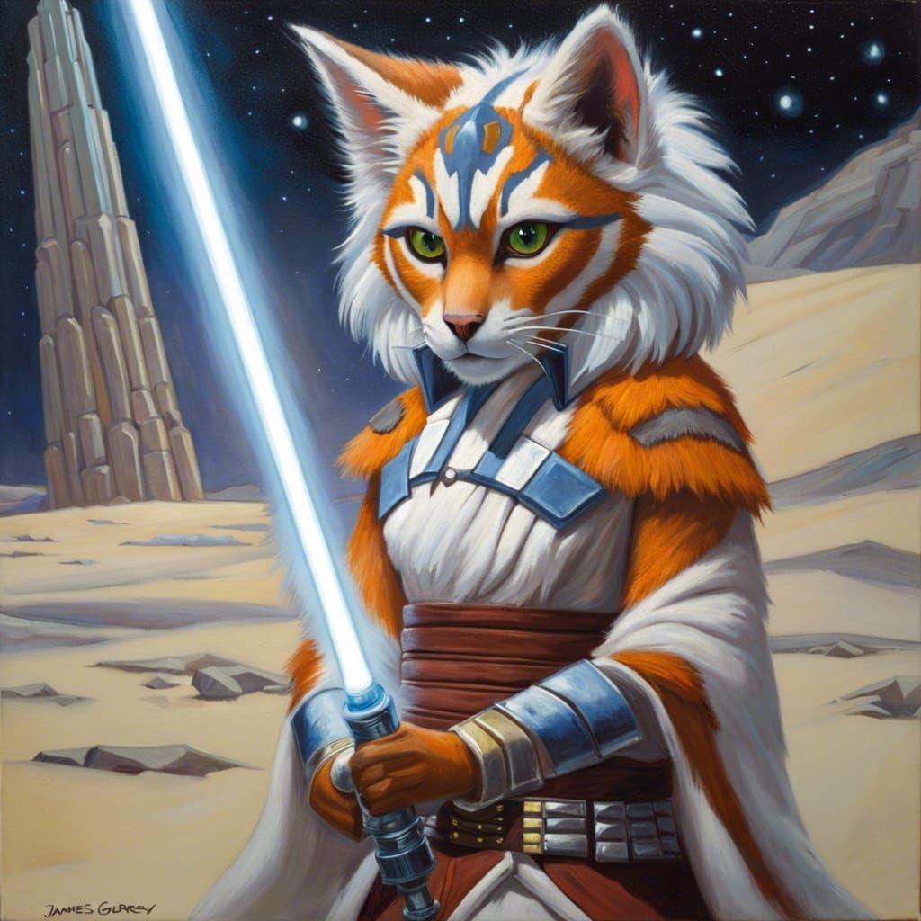 Kemono Ahsoka Cat with Lightsabers as Oil Painting