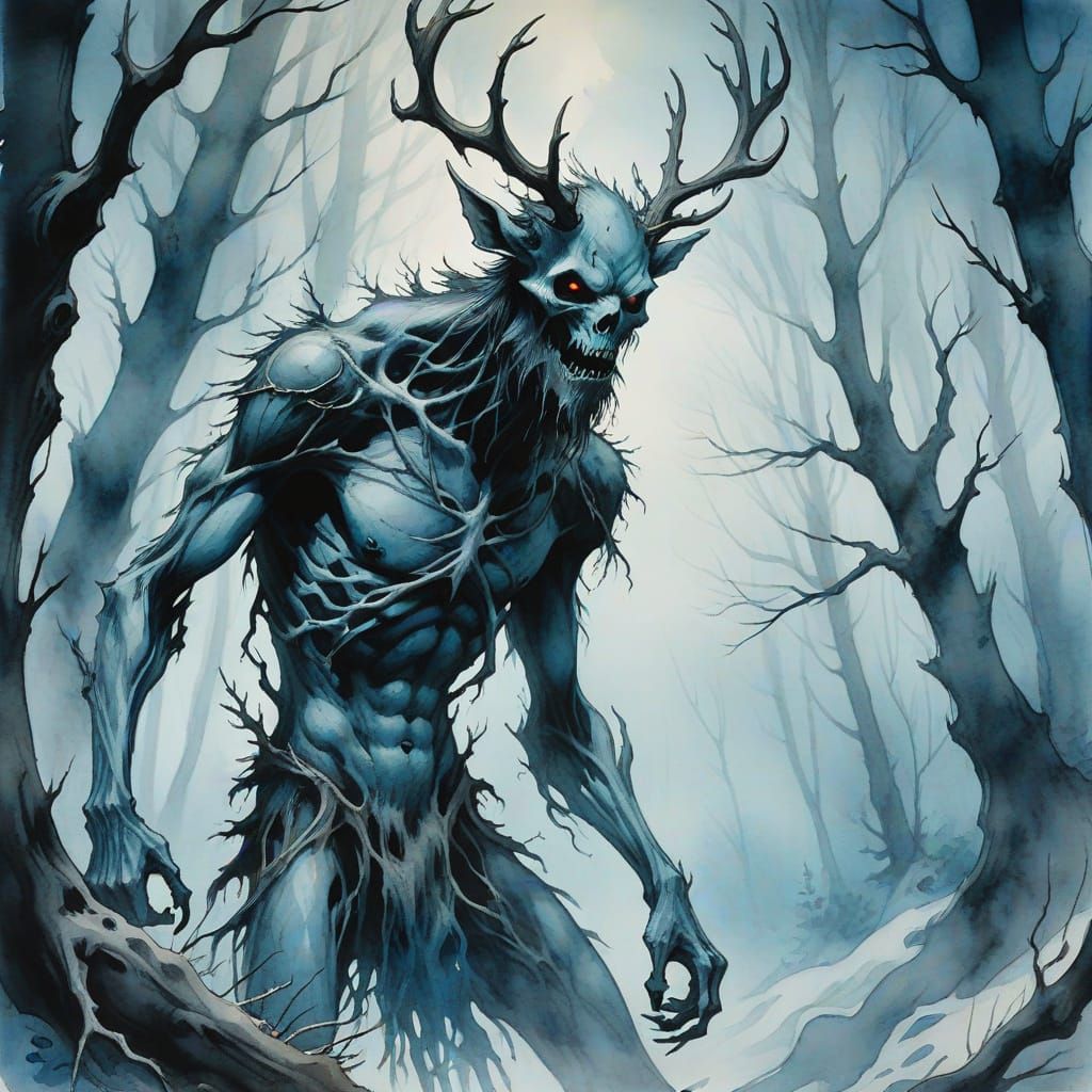 Wendigo in Tamarack Forest: Dark Fantasy Watercolour