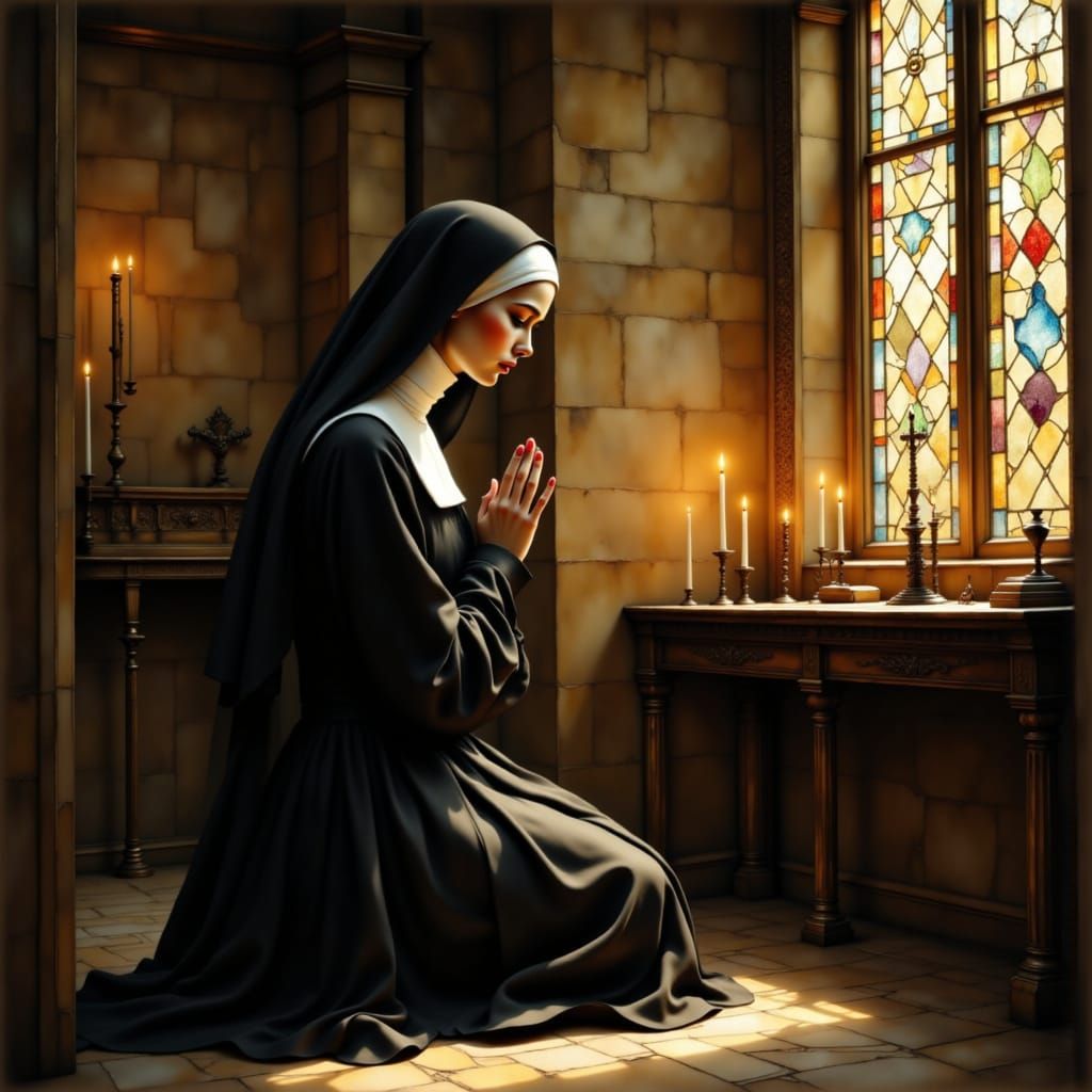 Nun in Prayer: Realistic Chapel Scene with Volumetric Light