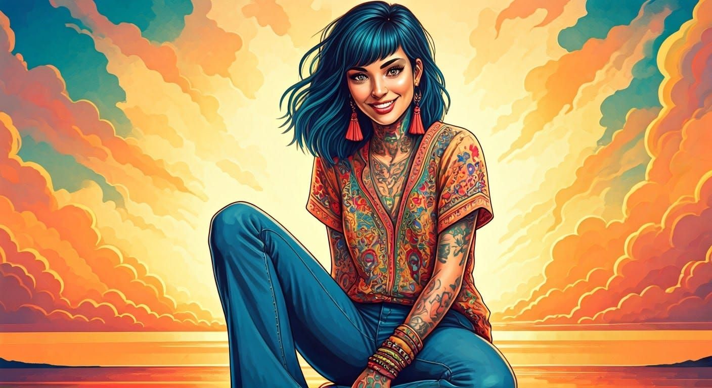 Tattooed Woman with Blue Hair in Bohemian Fashion