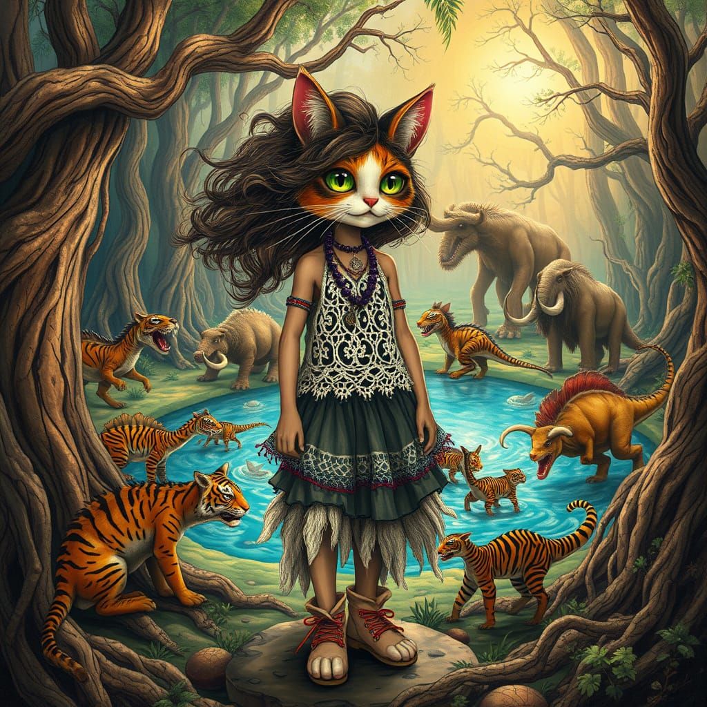 Whimsical Cat Girl in Dreamlike Dinosaur Land