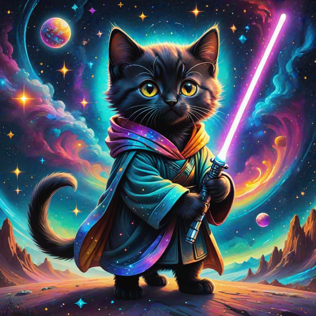 Miniature Jedi Kitten Defies Gravity in Vibrant Space Galaxy