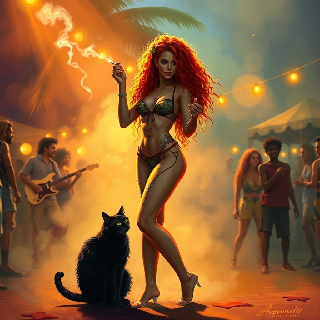 Reggae Festival Dancer with Cat in Ethereal Mist