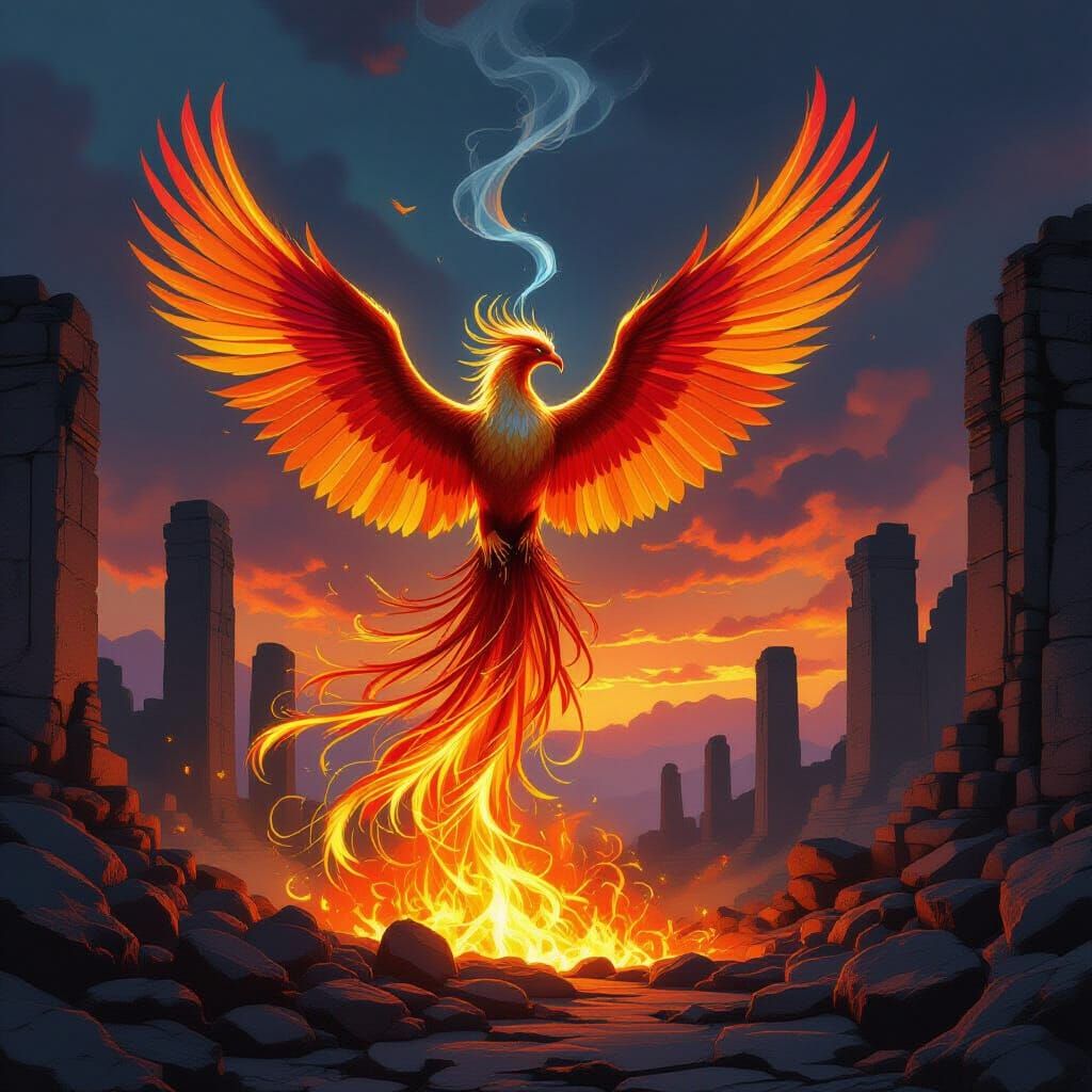Majestic Phoenix Rises from Embers in Fantasy Art Style