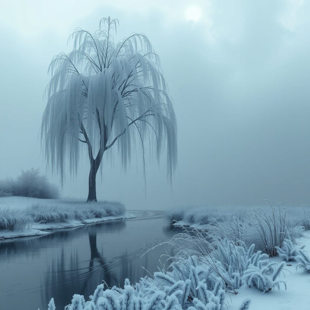 Ethereal Winter Landscape in Dawn Gray-Blue Light
