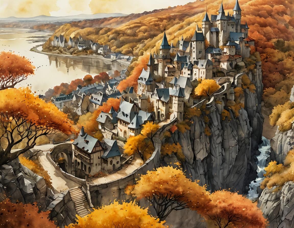 Medieval Town Watercolor Painting with Autumn Foliage