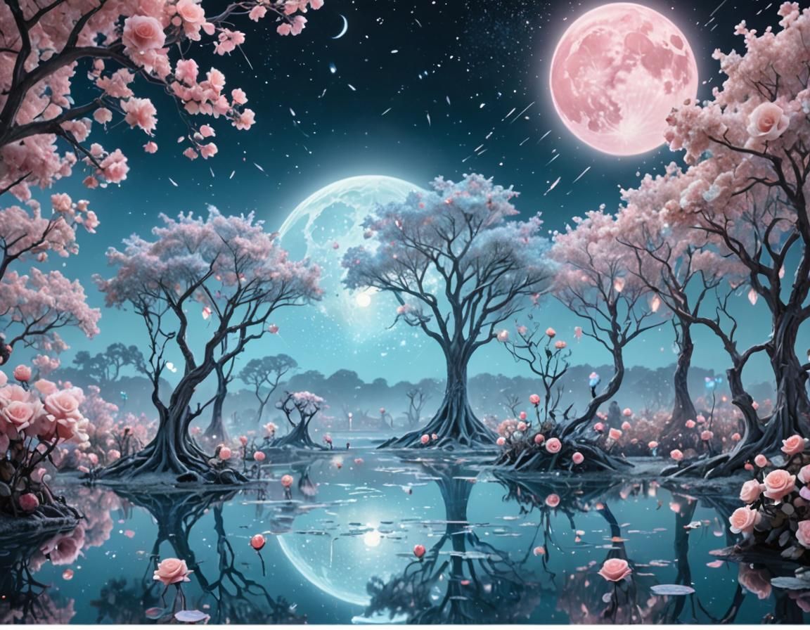 Bioluminescent Alien Garden Under a Full Moon