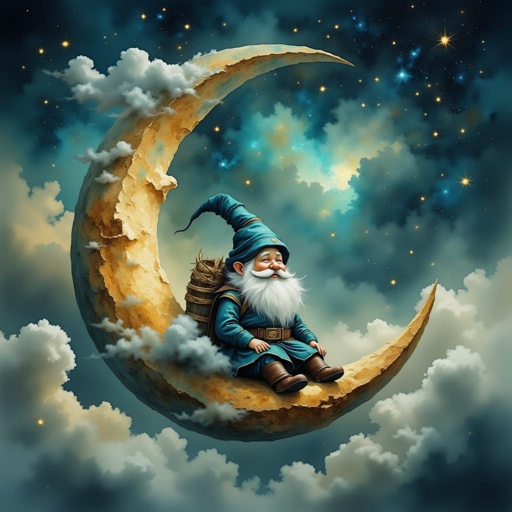 Gnome in Crescent Moon Landscape