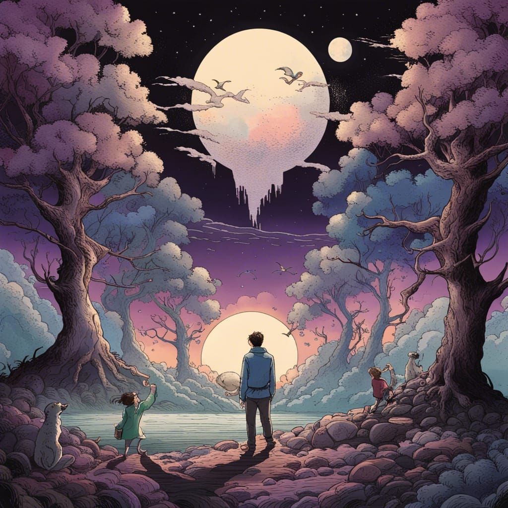 Utopian Forest Portal at Night in Cartoon Art