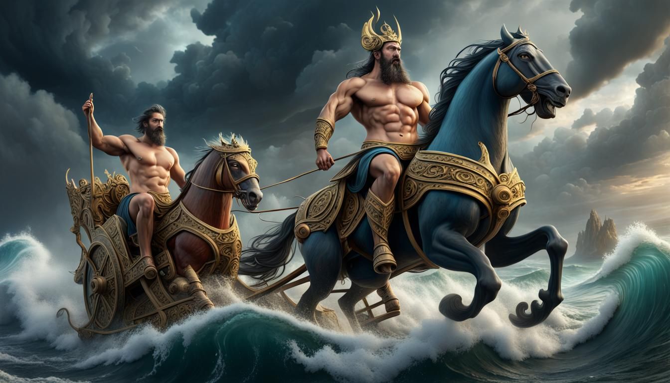 Greek god of the sea with bearded and muscular figure