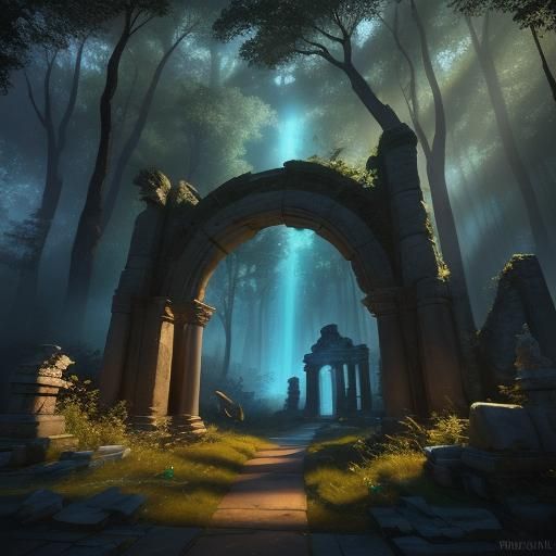 Mystical Forest Portal Radiating Light as Oil Painting