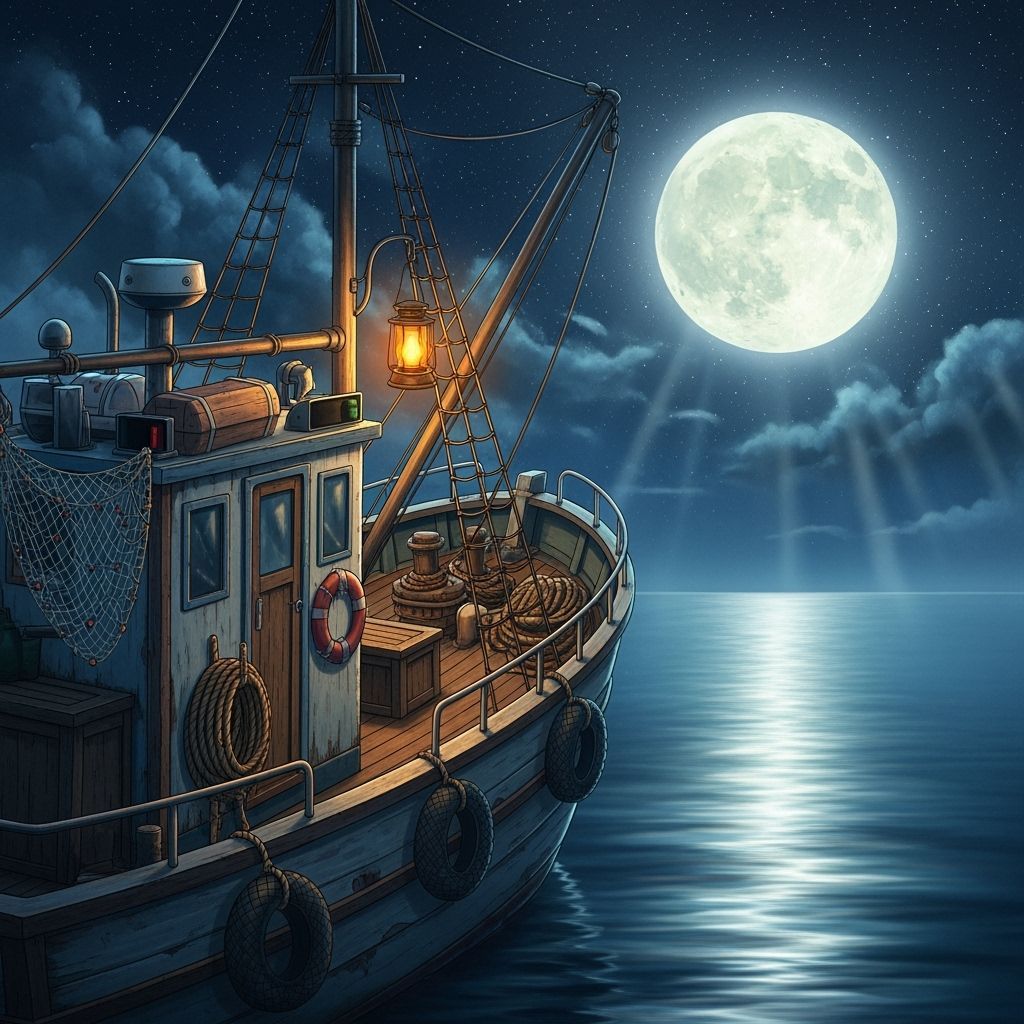Vintage Fishing Boat at Midnight Under Moonlit Sky