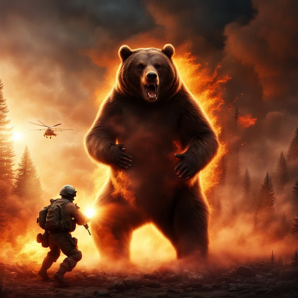 Giant Bear Attack: Sunset Battlefield in Digital Painting