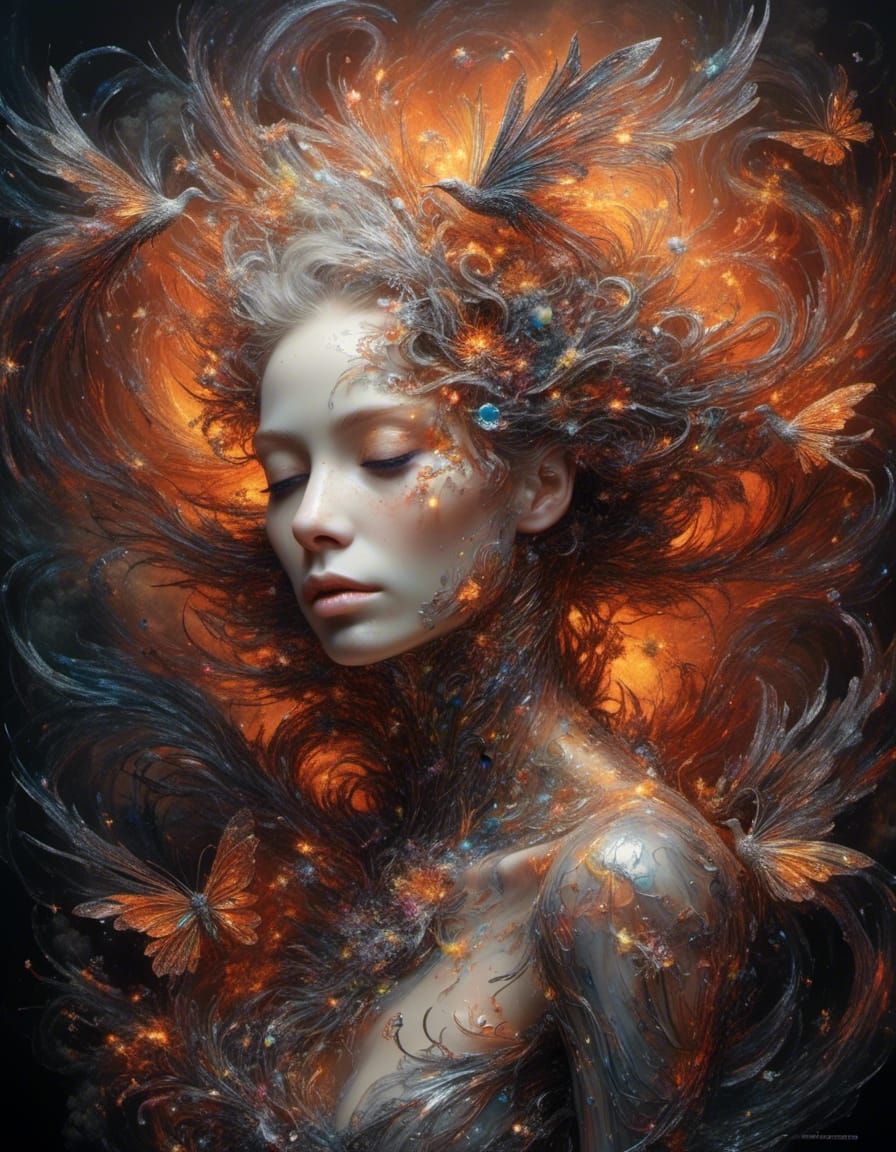 Infernal Portrait with Burning Crystal Ribbons